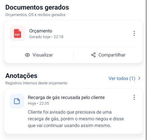 Seções Documentos gerados e Anotações na tela do orçamento do Orçalize