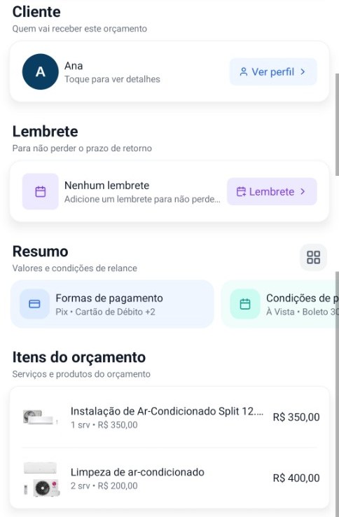 Seções Cliente, Lembrete, Resumo e Itens do orçamento na tela do orçamento do Orçalize