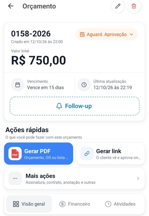 Topo da tela do orçamento no Orçalize, com número, situação, valor total, vencimento, follow-up e ações rápidas
