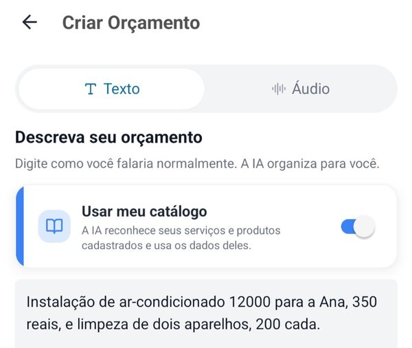 Criação com IA com a opção Usar meu catálogo marcada e o mesmo texto do orçamento