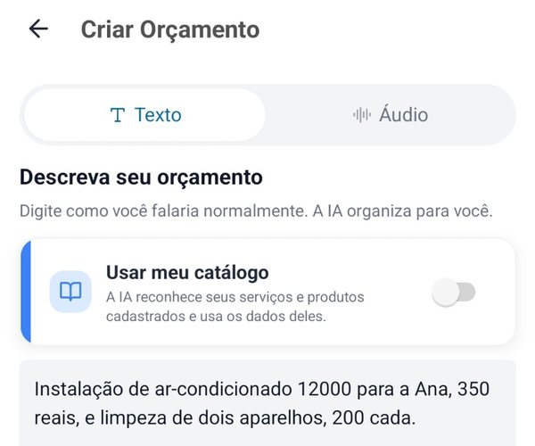 Criação com IA com a opção Usar meu catálogo desmarcada e o texto do orçamento digitado
