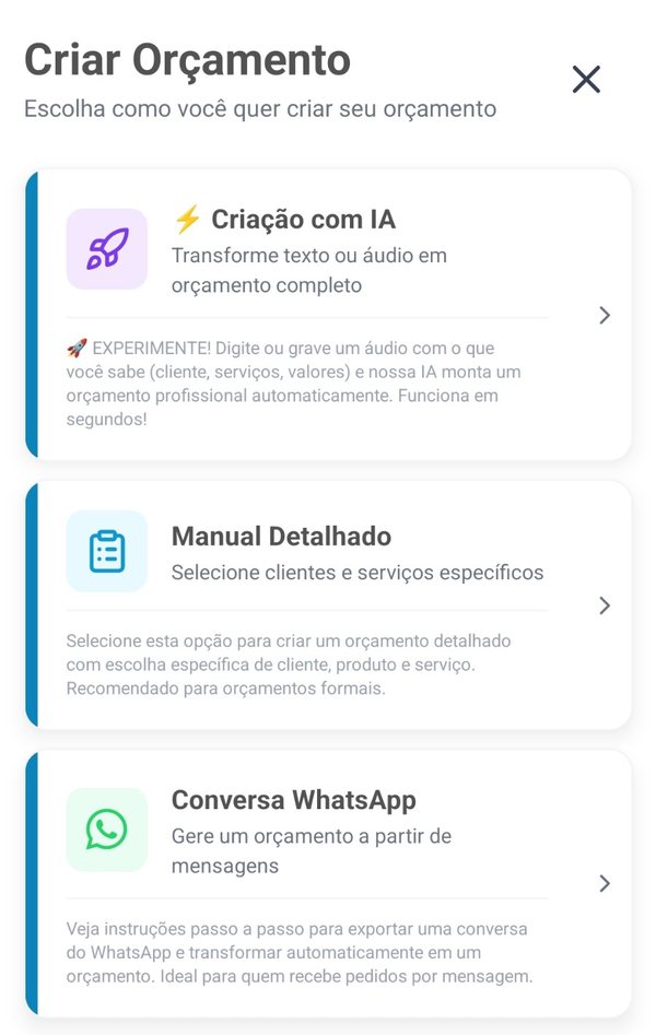 Tela Criar Orçamento do Orçalize, com a opção Criação com IA em destaque no topo