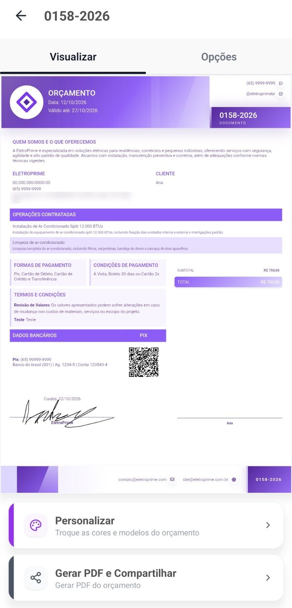 Orçamento gerado pela IA no Orçalize, com a aba Visualizar e as opções Personalizar e Gerar PDF e Compartilhar