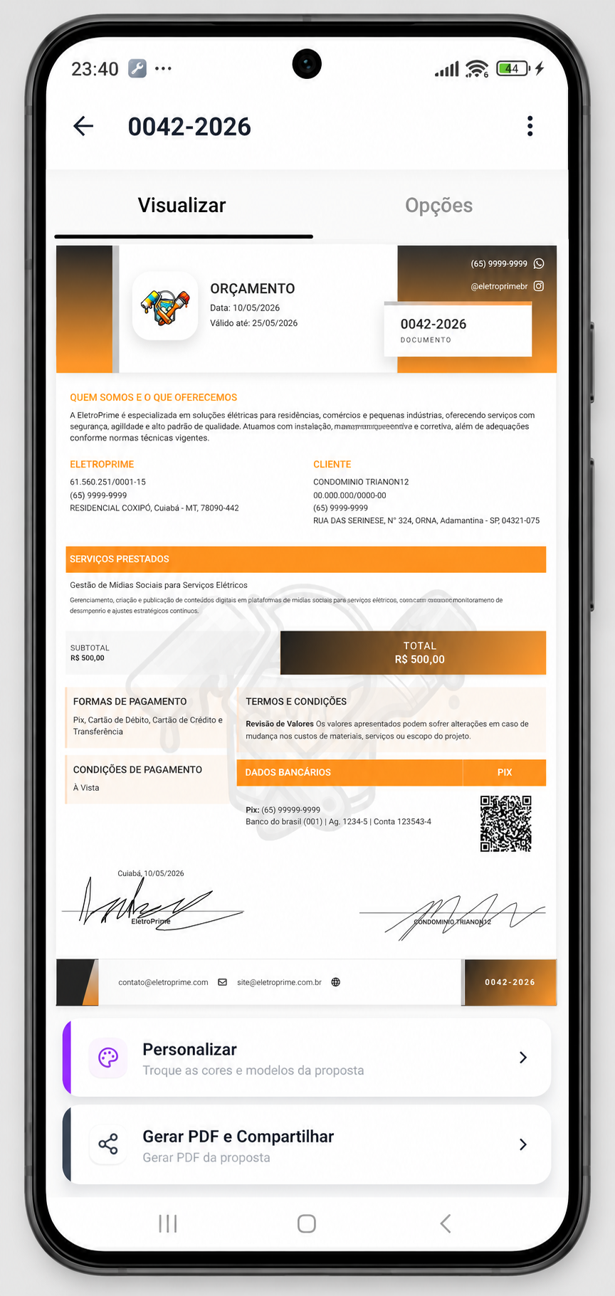 Mockup mobile do Orçalize para orçamentos profissionais